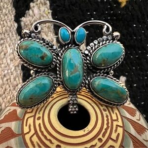❤️ Kingman Turquoise Statement Sterling Silver Butterfly Sz 9 Navajo Ring 17.4G